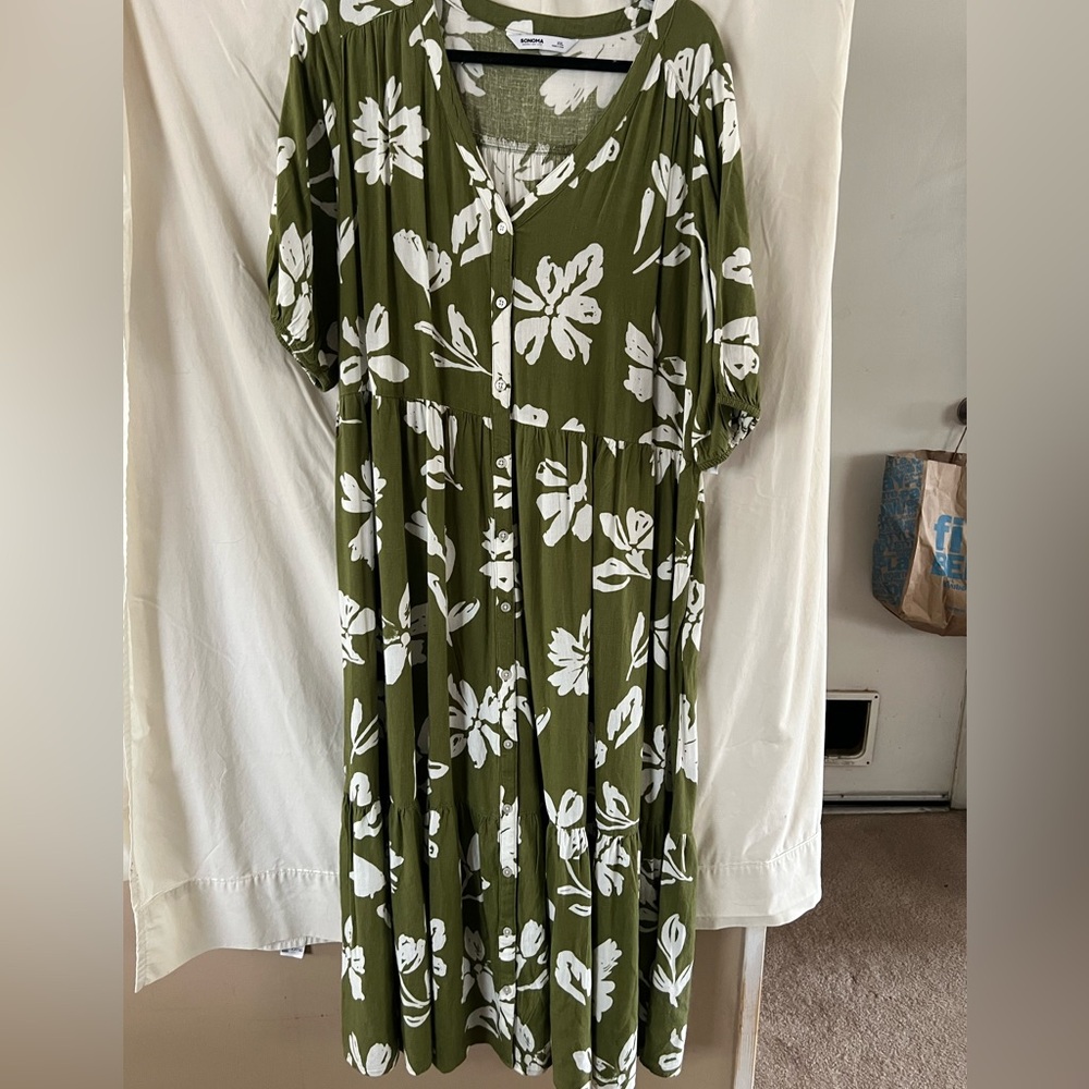 Sonoma Green and White Floral Maxi Dress